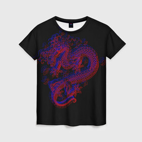 Женская футболка 3D с принтом 3д Дракон в Петрозаводске, 100% полиэфир ( синтетическое хлопкоподобное полотно) | прямой крой, круглый вырез горловины, длина до линии бедер | 3д эффект | китайский дракон | красный | миф | оптическая иллюзия | синий
