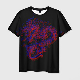 Мужская футболка 3D с принтом 3д Дракон в Петрозаводске, 100% полиэфир | прямой крой, круглый вырез горловины, длина до линии бедер | 3д эффект | китайский дракон | красный | миф | оптическая иллюзия | синий