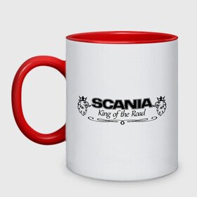 Кружка двухцветная с принтом Scania - King of the Road в Петрозаводске, керамика | объем — 330 мл, диаметр — 80 мм. Цветная ручка и кайма сверху, в некоторых цветах — вся внутренняя часть | king of road | king of the road | saab | saab logo | scania | scania king | scania logo | грузовик | дальнобойщик | сааб | сканиа | скания | скания значок | скания лого | скания логотип | скания символ | шофер