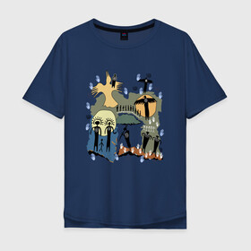 Мужская футболка хлопок Oversize с принтом Этнический стиль в Петрозаводске, 100% хлопок | свободный крой, круглый ворот, “спинка” длиннее передней части | белый | ворон | золотой | иероглифы | индейцы | луна | люди | охота | ритуал | синий | солнце | этника