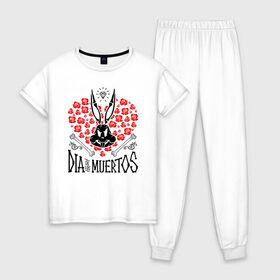 Женская пижама хлопок с принтом Dia De Los Muertos в Петрозаводске, 100% хлопок | брюки и футболка прямого кроя, без карманов, на брюках мягкая резинка на поясе и по низу штанин | bugs bunny | looney tunes | vdzabma | багз банни | луни тюнз