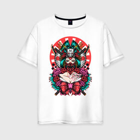 Женская футболка хлопок Oversize с принтом Японская гейша воительница в Петрозаводске, 100% хлопок | свободный крой, круглый ворот, спущенный рукав, длина до линии бедер
 | катана | цветы | череп | япония