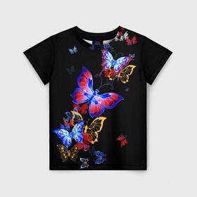 Детская футболка 3D с принтом Поцелуй бабочек в Петрозаводске, 100% гипоаллергенный полиэфир | прямой крой, круглый вырез горловины, длина до линии бедер, чуть спущенное плечо, ткань немного тянется | Тематика изображения на принте: angel | butterfly | fairy | neon | night | wings | ангел | бабочка | бабочки | девушке | животные | красочные | крылья | летающие | магия | махаон | мотыльки | насекомые | неоновые | ночные | ночь | подарок | природа