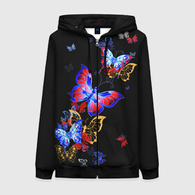 Женская толстовка 3D на молнии с принтом Поцелуй бабочек в Петрозаводске, 100% полиэстер | длина до линии бедра, манжеты и пояс оформлены мягкой тканевой резинкой, двухслойный капюшон со шнурком для регулировки, спереди молния, по бокам два кармана | angel | butterfly | fairy | neon | night | wings | ангел | бабочка | бабочки | девушке | животные | красочные | крылья | летающие | магия | махаон | мотыльки | насекомые | неоновые | ночные | ночь | подарок | природа