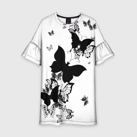 Детское платье 3D с принтом Черные бабочки на белом в Петрозаводске, 100% полиэстер | прямой силуэт, чуть расширенный к низу. Круглая горловина, на рукавах — воланы | Тематика изображения на принте: angel | black and white | butterfly | fairy | fashion girl | wings | ангел | бабочка | девушке | животные | крылья | летающие | магия | махаон | мотылек | мотыльки | насекомые | нежные | подарок | природа | сказочные | татуировки