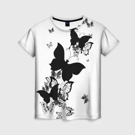 Женская футболка 3D с принтом Черные бабочки на белом в Петрозаводске, 100% полиэфир ( синтетическое хлопкоподобное полотно) | прямой крой, круглый вырез горловины, длина до линии бедер | angel | black and white | butterfly | fairy | fashion girl | wings | ангел | бабочка | девушке | животные | крылья | летающие | магия | махаон | мотылек | мотыльки | насекомые | нежные | подарок | природа | сказочные | татуировки
