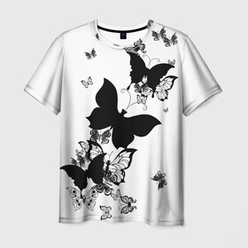 Мужская футболка 3D с принтом Черные бабочки на белом в Петрозаводске, 100% полиэфир | прямой крой, круглый вырез горловины, длина до линии бедер | Тематика изображения на принте: angel | black and white | butterfly | fairy | fashion girl | wings | ангел | бабочка | девушке | животные | крылья | летающие | магия | махаон | мотылек | мотыльки | насекомые | нежные | подарок | природа | сказочные | татуировки