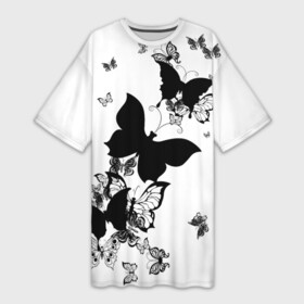 Платье-футболка 3D с принтом Черные бабочки на белом в Петрозаводске,  |  | angel | black and white | butterfly | fairy | fashion girl | wings | ангел | бабочка | девушке | животные | крылья | летающие | магия | махаон | мотылек | мотыльки | насекомые | нежные | подарок | природа | сказочные | татуировки