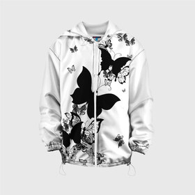 Детская куртка 3D с принтом Черные бабочки на белом в Петрозаводске, 100% полиэстер | застежка — молния, подол и капюшон оформлены резинкой с фиксаторами, по бокам — два кармана без застежек, один потайной карман на груди, плотность верхнего слоя — 90 г/м2; плотность флисового подклада — 260 г/м2 | angel | black and white | butterfly | fairy | fashion girl | wings | ангел | бабочка | девушке | животные | крылья | летающие | магия | махаон | мотылек | мотыльки | насекомые | нежные | подарок | природа | сказочные | татуировки