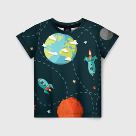 Детская футболка 3D с принтом Космический перелёт в Петрозаводске, 100% гипоаллергенный полиэфир | прямой крой, круглый вырез горловины, длина до линии бедер, чуть спущенное плечо, ткань немного тянется | арт | звезда | звёзды | земля | космос | марс | перелёт | планета | планеты | полёт | ракета | ракеты | рисунок | сатурн | юпитер