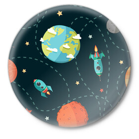 Значок с принтом Космический перелёт в Петрозаводске,  металл | круглая форма, металлическая застежка в виде булавки | арт | звезда | звёзды | земля | космос | марс | перелёт | планета | планеты | полёт | ракета | ракеты | рисунок | сатурн | юпитер