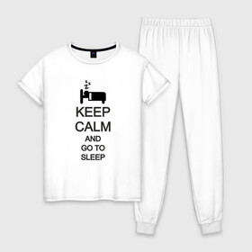 Женская пижама хлопок с принтом KEEP CALM AND GO TO SLEEP в Петрозаводске, 100% хлопок | брюки и футболка прямого кроя, без карманов, на брюках мягкая резинка на поясе и по низу штанин | go to sleep | keep | keep calm | keep calm and | keep calm and go | keep calm and go to | keep calm and go to sleep | иди спать | сохраняй спокойствие | сохраняй спокойствие и иди спать