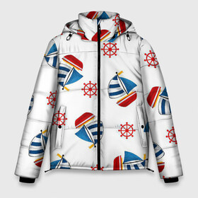 Мужская зимняя куртка 3D с принтом Морская атмосфера в Петрозаводске, верх — 100% полиэстер; подкладка — 100% полиэстер; утеплитель — 100% полиэстер | длина ниже бедра, свободный силуэт Оверсайз. Есть воротник-стойка, отстегивающийся капюшон и ветрозащитная планка. 

Боковые карманы с листочкой на кнопках и внутренний карман на молнии. | арт | белый | корабли | корабль | красный | море | рисунок | синий | штурвал | яхта | яхты