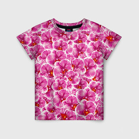 Детская футболка 3D с принтом Розовые орхидеи в Петрозаводске, 100% гипоаллергенный полиэфир | прямой крой, круглый вырез горловины, длина до линии бедер, чуть спущенное плечо, ткань немного тянется | fashion flowers | pink | tropical | азия | бабочки | бразилия | букет | бутоны | джунгли | лепестки | лето | любимая | марта | нежные | орхидея | подарок | природа | растения | тропики | тропические | узор | цветение
