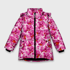 Зимняя куртка для девочек 3D с принтом Розовые орхидеи в Петрозаводске, ткань верха — 100% полиэстер; подклад — 100% полиэстер, утеплитель — 100% полиэстер. | длина ниже бедра, удлиненная спинка, воротник стойка и отстегивающийся капюшон. Есть боковые карманы с листочкой на кнопках, утяжки по низу изделия и внутренний карман на молнии. 

Предусмотрены светоотражающий принт на спинке, радужный светоотражающий элемент на пуллере молнии и на резинке для утяжки. | fashion flowers | pink | tropical | азия | бабочки | бразилия | букет | бутоны | джунгли | лепестки | лето | любимая | марта | нежные | орхидея | подарок | природа | растения | тропики | тропические | узор | цветение