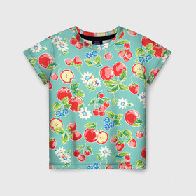 Детская футболка 3D с принтом Яркое лето в Петрозаводске, 100% гипоаллергенный полиэфир | прямой крой, круглый вырез горловины, длина до линии бедер, чуть спущенное плечо, ткань немного тянется | арт | бирюзовый | зелёный | клубника | рисунок | ромашка | ромашки | цвета | цветы | черника | яблоки | яблоко
