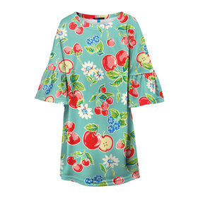 Детское платье 3D с принтом Яркое лето в Петрозаводске, 100% полиэстер | прямой силуэт, чуть расширенный к низу. Круглая горловина, на рукавах — воланы | арт | бирюзовый | зелёный | клубника | рисунок | ромашка | ромашки | цвета | цветы | черника | яблоки | яблоко