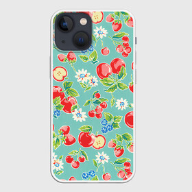 Чехол для iPhone 13 mini с принтом Яркое лето в Петрозаводске,  |  | арт | бирюзовый | зелёный | клубника | рисунок | ромашка | ромашки | цвета | цветы | черника | яблоки | яблоко