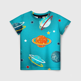 Детская футболка 3D с принтом Необычные планеты в Петрозаводске, 100% гипоаллергенный полиэфир | прямой крой, круглый вырез горловины, длина до линии бедер, чуть спущенное плечо, ткань немного тянется | арт | бирюзовый | венера | звезда | звёзды | земля | марс | планета | планеты | рисунок | рисунок карандашом | сатурн | синий