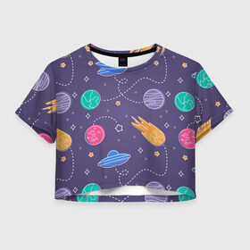 Женская футболка Crop-top 3D с принтом Космические туристы в Петрозаводске, 100% полиэстер | круглая горловина, длина футболки до линии талии, рукава с отворотами | арт | венера | звезда | звёзды | земля | инопланетяне | космос | марс | нло | ночь | планета | планеты | рисунок | сияние | тарелка | тарелки | юпитер