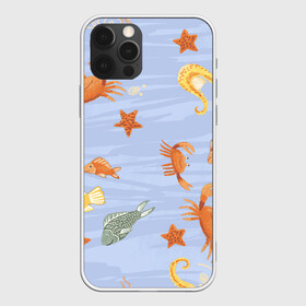 Чехол для iPhone 12 Pro с принтом Морские обитатели в Петрозаводске, силикон | область печати: задняя сторона чехла, без боковых панелей | арт | жёлтый | звезда | звёзды | коралл | кораллы | краб | крабы | красный | медуза | медузы | море | морская звезда | морские звёзды | морские коньки | морской конёк | песок | рисунок | рыба | рыбы