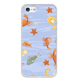 Чехол для iPhone 5/5S матовый с принтом Морские обитатели в Петрозаводске, Силикон | Область печати: задняя сторона чехла, без боковых панелей | арт | жёлтый | звезда | звёзды | коралл | кораллы | краб | крабы | красный | медуза | медузы | море | морская звезда | морские звёзды | морские коньки | морской конёк | песок | рисунок | рыба | рыбы