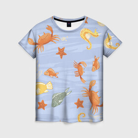 Женская футболка 3D с принтом Морские обитатели в Петрозаводске, 100% полиэфир ( синтетическое хлопкоподобное полотно) | прямой крой, круглый вырез горловины, длина до линии бедер | арт | жёлтый | звезда | звёзды | коралл | кораллы | краб | крабы | красный | медуза | медузы | море | морская звезда | морские звёзды | морские коньки | морской конёк | песок | рисунок | рыба | рыбы