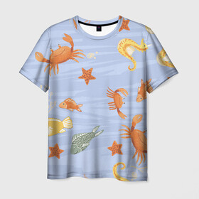 Мужская футболка 3D с принтом Морские обитатели в Петрозаводске, 100% полиэфир | прямой крой, круглый вырез горловины, длина до линии бедер | Тематика изображения на принте: арт | жёлтый | звезда | звёзды | коралл | кораллы | краб | крабы | красный | медуза | медузы | море | морская звезда | морские звёзды | морские коньки | морской конёк | песок | рисунок | рыба | рыбы