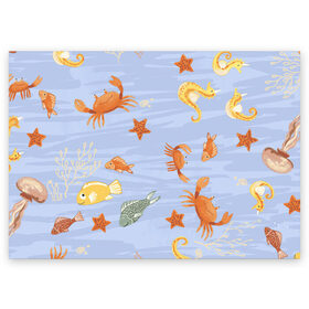 Поздравительная открытка с принтом Морские обитатели в Петрозаводске, 100% бумага | плотность бумаги 280 г/м2, матовая, на обратной стороне линовка и место для марки
 | арт | жёлтый | звезда | звёзды | коралл | кораллы | краб | крабы | красный | медуза | медузы | море | морская звезда | морские звёзды | морские коньки | морской конёк | песок | рисунок | рыба | рыбы