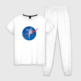 Женская пижама хлопок с принтом Nasa Gymnastics в Петрозаводске, 100% хлопок | брюки и футболка прямого кроя, без карманов, на брюках мягкая резинка на поясе и по низу штанин | 