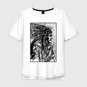 Мужская футболка хлопок Oversize с принтом Drawing indian в Петрозаводске, 100% хлопок | свободный крой, круглый ворот, “спинка” длиннее передней части | black | drawing | indian | индеец | рисунок | черный