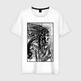 Мужская футболка хлопок с принтом Drawing indian в Петрозаводске, 100% хлопок | прямой крой, круглый вырез горловины, длина до линии бедер, слегка спущенное плечо. | black | drawing | indian | индеец | рисунок | черный