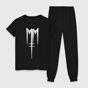 Женская пижама хлопок с принтом Marilyn Manson (лого из меха) в Петрозаводске, 100% хлопок | брюки и футболка прямого кроя, без карманов, на брюках мягкая резинка на поясе и по низу штанин | manson | marilyn | marilyn manson | лого | мех