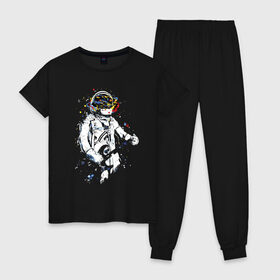 Женская пижама хлопок с принтом Cosmosrock в Петрозаводске, 100% хлопок | брюки и футболка прямого кроя, без карманов, на брюках мягкая резинка на поясе и по низу штанин | astronaut | cosmonaut | cosmos | guitar | music | rock | solo | space | star | астронавт | гитара | звезда | космонавт | космос | музыка | солист