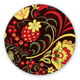Коврик для мышки круглый с принтом Хохлома в Петрозаводске, резина и полиэстер | круглая форма, изображение наносится на всю лицевую часть | арт | вектор | желтый | зеленый | золотой | красный | малина | народный рисунок | рисунок | хохлома | цветок | цветы | чёрный | ягода | ягоды