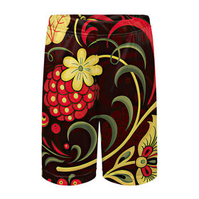Детские спортивные шорты 3D с принтом Хохлома в Петрозаводске,  100% полиэстер
 | пояс оформлен широкой мягкой резинкой, ткань тянется
 | арт | вектор | желтый | зеленый | золотой | красный | малина | народный рисунок | рисунок | хохлома | цветок | цветы | чёрный | ягода | ягоды