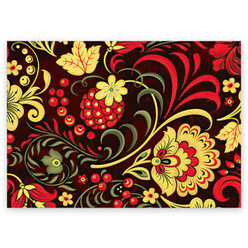 Поздравительная открытка с принтом Хохлома в Петрозаводске, 100% бумага | плотность бумаги 280 г/м2, матовая, на обратной стороне линовка и место для марки
 | Тематика изображения на принте: арт | вектор | желтый | зеленый | золотой | красный | малина | народный рисунок | рисунок | хохлома | цветок | цветы | чёрный | ягода | ягоды