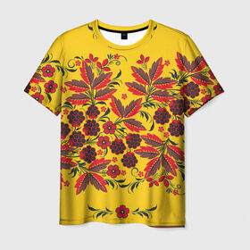 Мужская футболка 3D с принтом Хохлома в Петрозаводске, 100% полиэфир | прямой крой, круглый вырез горловины, длина до линии бедер | арт | вектор | желтый | зеленый | золотой | красный | народный рисунок | рисунок | хохлома | цветок | цветы | чёрный