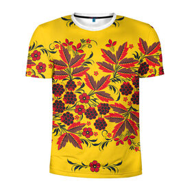 Мужская футболка 3D спортивная с принтом Хохлома в Петрозаводске, 100% полиэстер с улучшенными характеристиками | приталенный силуэт, круглая горловина, широкие плечи, сужается к линии бедра | Тематика изображения на принте: арт | вектор | желтый | зеленый | золотой | красный | народный рисунок | рисунок | хохлома | цветок | цветы | чёрный