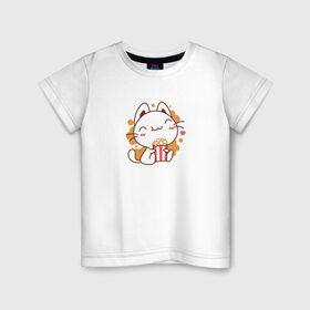 Детская футболка хлопок с принтом Поп-корн и кот в Петрозаводске, 100% хлопок | круглый вырез горловины, полуприлегающий силуэт, длина до линии бедер | popcorn | кино | кот | кошка | поп корн | попкорн