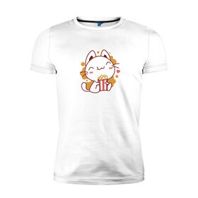 Мужская футболка хлопок Slim с принтом Поп-корн и кот в Петрозаводске, 92% хлопок, 8% лайкра | приталенный силуэт, круглый вырез ворота, длина до линии бедра, короткий рукав | popcorn | кино | кот | кошка | поп корн | попкорн
