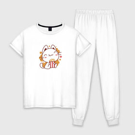 Женская пижама хлопок с принтом Поп-корн и кот в Петрозаводске, 100% хлопок | брюки и футболка прямого кроя, без карманов, на брюках мягкая резинка на поясе и по низу штанин | popcorn | кино | кот | кошка | поп корн | попкорн