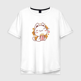 Мужская футболка хлопок Oversize с принтом Поп-корн и кот в Петрозаводске, 100% хлопок | свободный крой, круглый ворот, “спинка” длиннее передней части | Тематика изображения на принте: popcorn | кино | кот | кошка | поп корн | попкорн