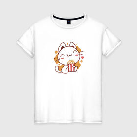 Женская футболка хлопок с принтом Поп-корн и кот в Петрозаводске, 100% хлопок | прямой крой, круглый вырез горловины, длина до линии бедер, слегка спущенное плечо | popcorn | кино | кот | кошка | поп корн | попкорн