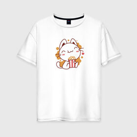 Женская футболка хлопок Oversize с принтом Поп-корн и кот в Петрозаводске, 100% хлопок | свободный крой, круглый ворот, спущенный рукав, длина до линии бедер
 | Тематика изображения на принте: popcorn | кино | кот | кошка | поп корн | попкорн