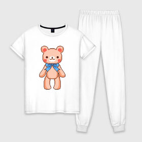 Женская пижама хлопок с принтом Pixel Bear в Петрозаводске, 100% хлопок | брюки и футболка прямого кроя, без карманов, на брюках мягкая резинка на поясе и по низу штанин | bear | pixel | pixel bear | медведь | милый медведь | милый мишка | мишка | пиксельный медведь | пиксельный плюшевый мишка | плюшевый медведь | плюшевый мишка