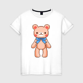 Женская футболка хлопок с принтом Pixel Bear в Петрозаводске, 100% хлопок | прямой крой, круглый вырез горловины, длина до линии бедер, слегка спущенное плечо | Тематика изображения на принте: bear | pixel | pixel bear | медведь | милый медведь | милый мишка | мишка | пиксельный медведь | пиксельный плюшевый мишка | плюшевый медведь | плюшевый мишка