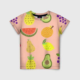 Детская футболка 3D с принтом Фруктики в Петрозаводске, 100% гипоаллергенный полиэфир | прямой крой, круглый вырез горловины, длина до линии бедер, чуть спущенное плечо, ткань немного тянется | авокадо | ананас | апельсин | арбуз | виноград | груша | лимон | фрукт