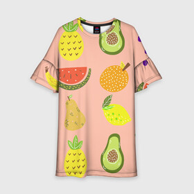 Детское платье 3D с принтом Фруктики в Петрозаводске, 100% полиэстер | прямой силуэт, чуть расширенный к низу. Круглая горловина, на рукавах — воланы | авокадо | ананас | апельсин | арбуз | виноград | груша | лимон | фрукт