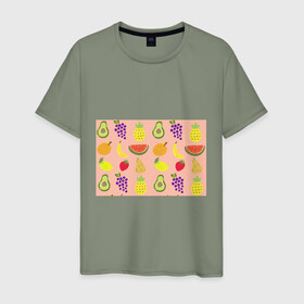 Мужская футболка хлопок с принтом Фруктики в Петрозаводске, 100% хлопок | прямой крой, круглый вырез горловины, длина до линии бедер, слегка спущенное плечо. | авокадо | ананас | апельсин | арбуз | виноград | груша | лимон | фрукт